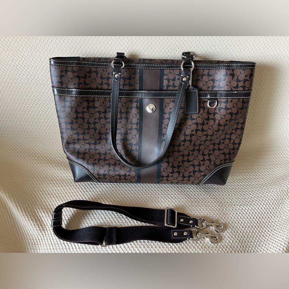 New COACH Chelsea Heritage Stripe Leather Diaper Bag - in signature C pattern